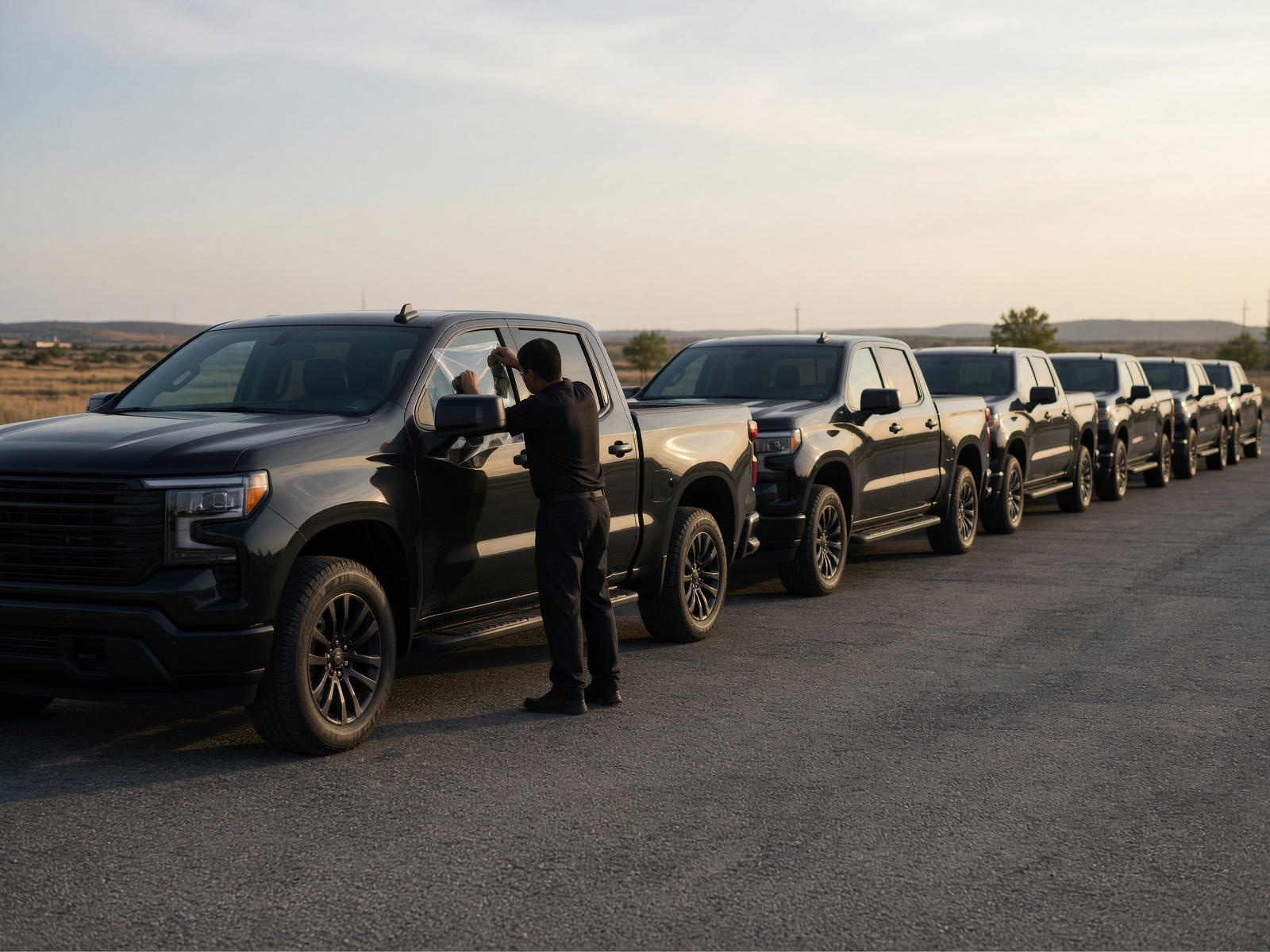 On-site vehicle protection installation across a dealership inventory row