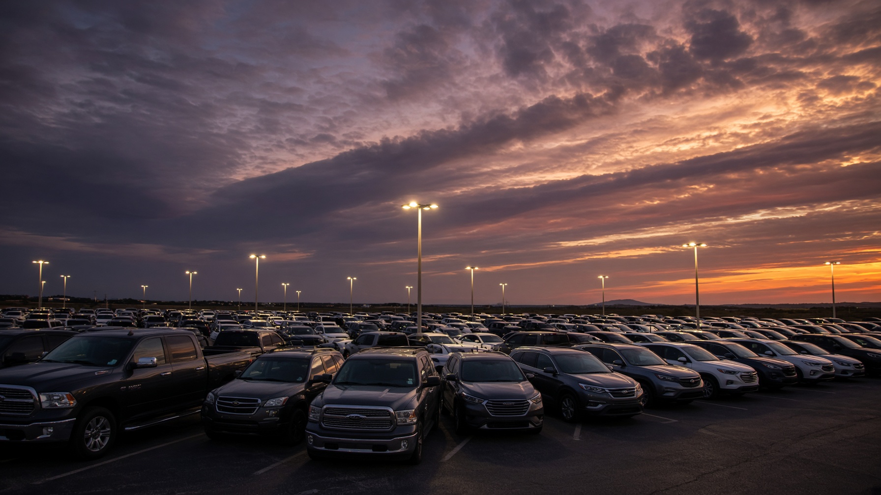 Texas dealership lot at dusk