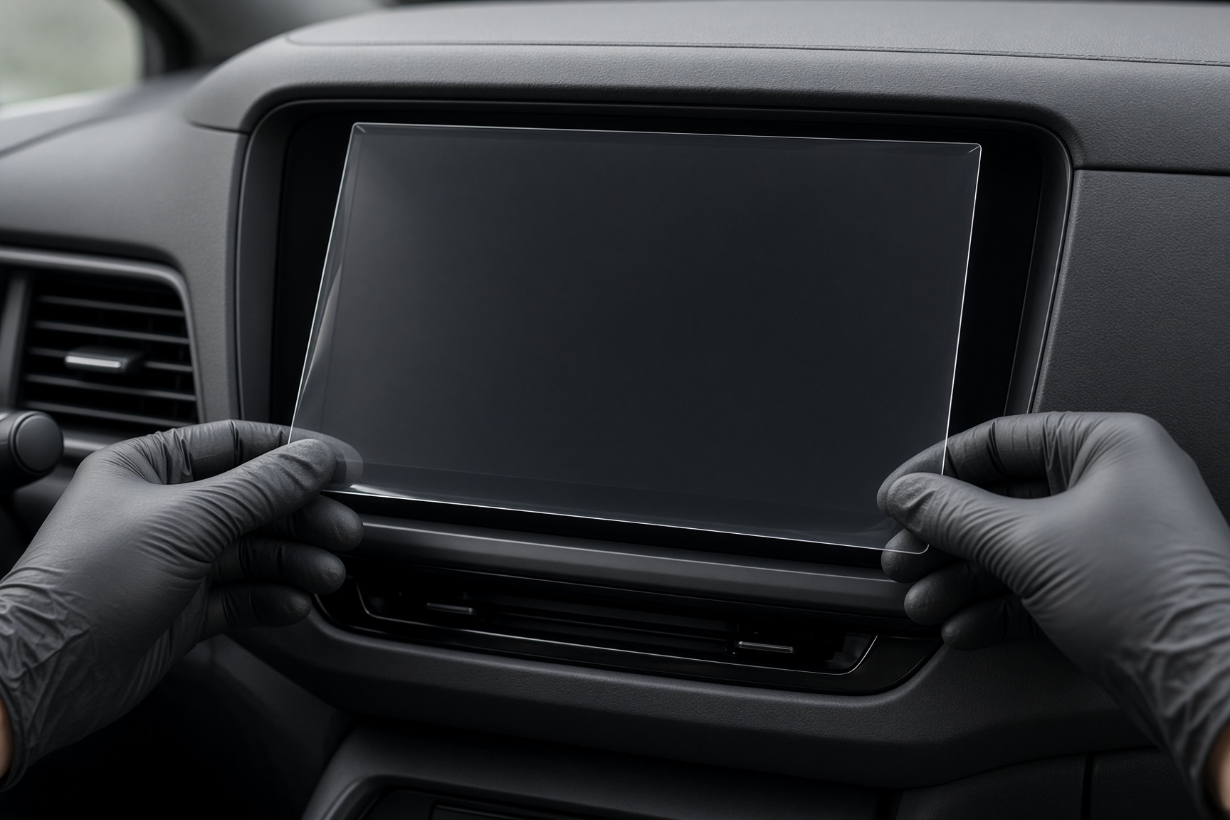 Clear protector being applied to a vehicle touchscreen