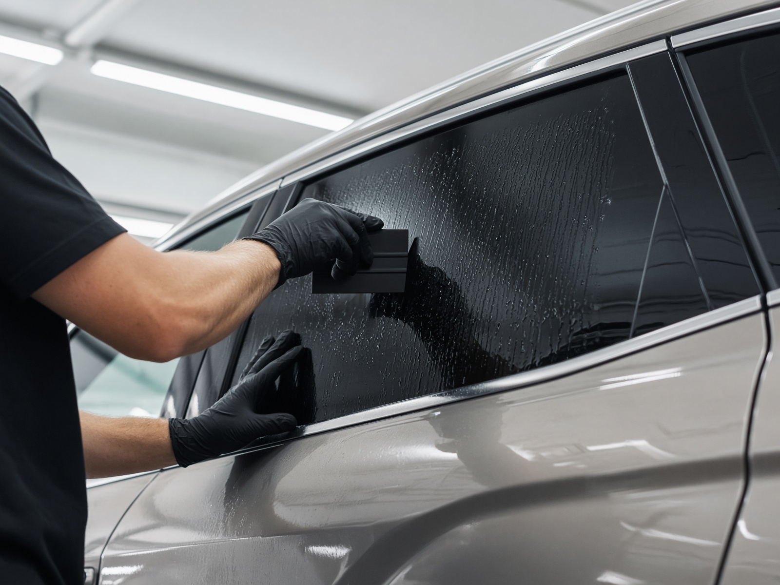 Installer applying professional automotive window film to a dealership vehicle